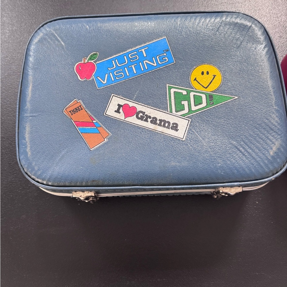 Blue Sticker-Decorated VINTAGE child suitcase good condition